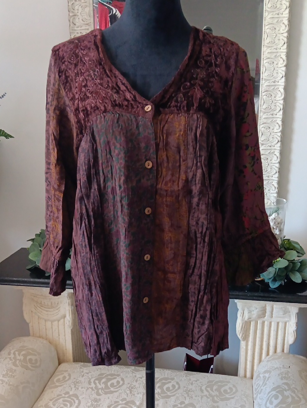 Lace-Yoke Button-Front Tunic in Deep Burgundy